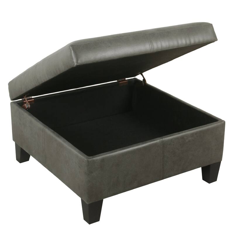 Leo Square Storage Ottoman with Plush Gray Faux Leather, 28 Inch