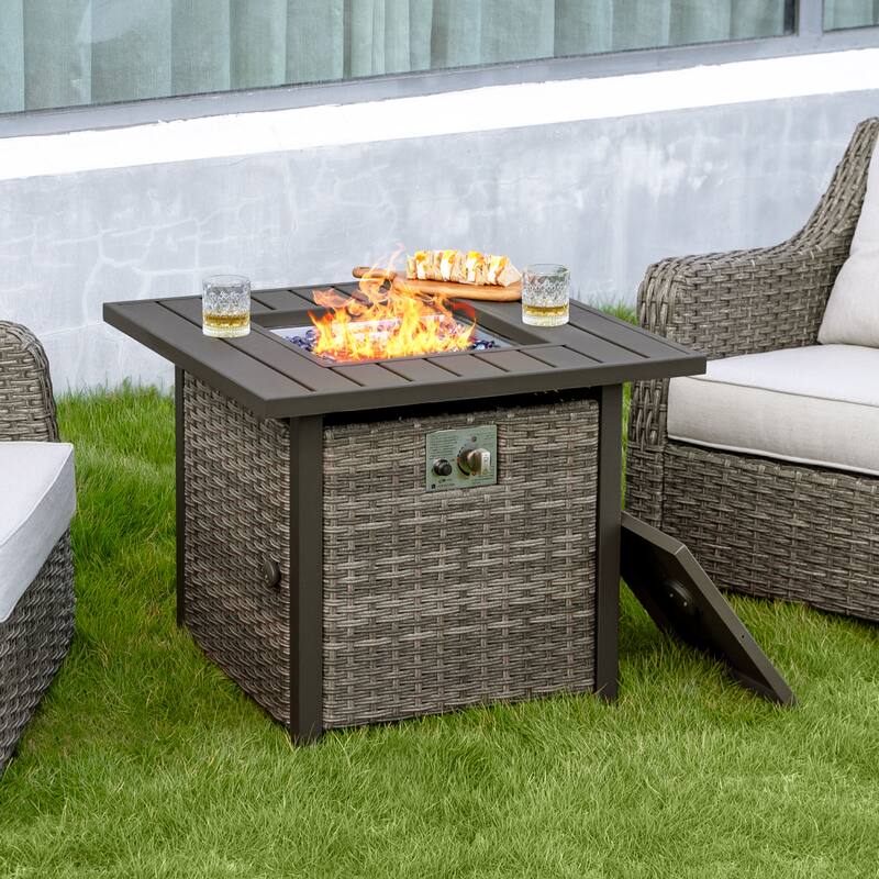 Outdoor 30’’ Square Rattan Fire Pit Table with Metal Lid, Brown