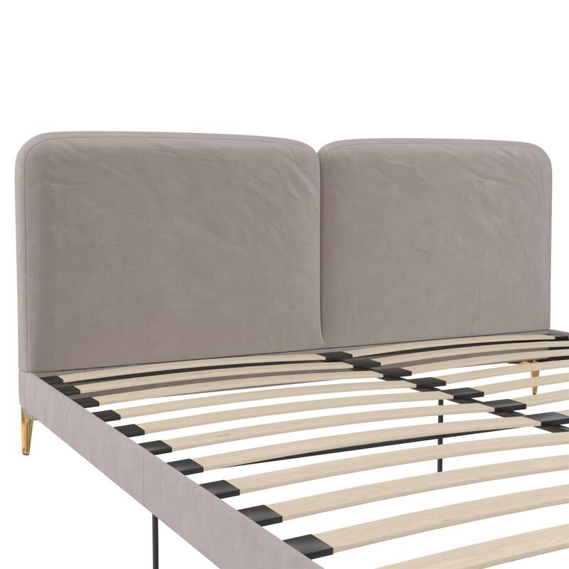 Velvet Upholstered Platform Bed with Foam-Padded Headboard, Modern Metal Legs, King Size