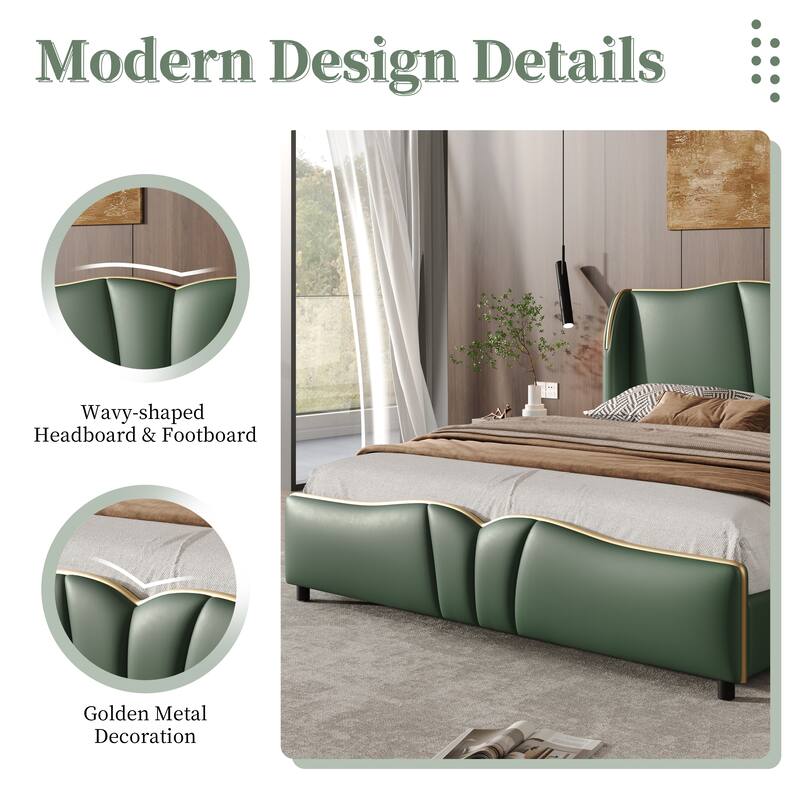 Modern Queen Size Leather Upholstered Bed Frame with Wingback Headboard and Wavy Footboard, Dark Green