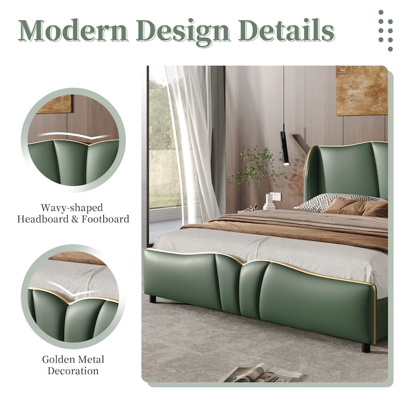 Roomfitters Queen Size PU Upholstered Platform Bed Frame with Wingback Headboard and Wavy Footboard, Modern Leather Bed