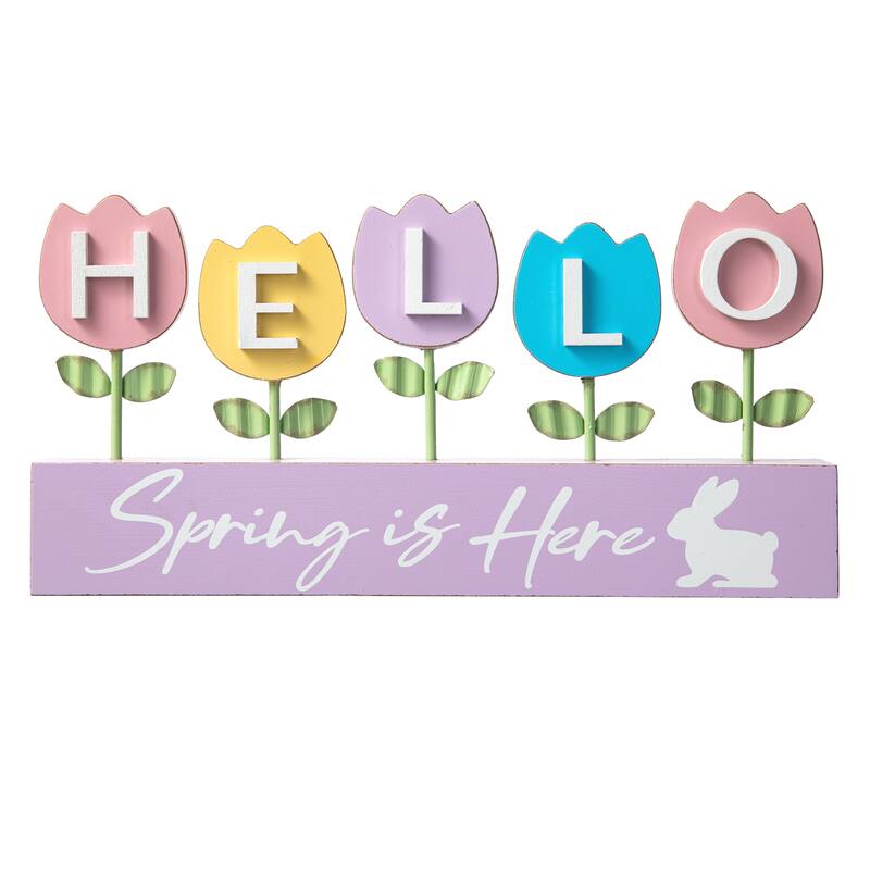 Glitzhome Easter Wooden/Metal Tulips/Bunny Family Spring Theme Table Decor - "HELLO" Tulips