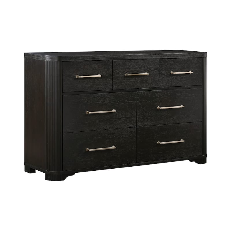 Chas 62 Inch Dresser, 7 Drawers Brass Bar Handles, Charcoal Black Wood