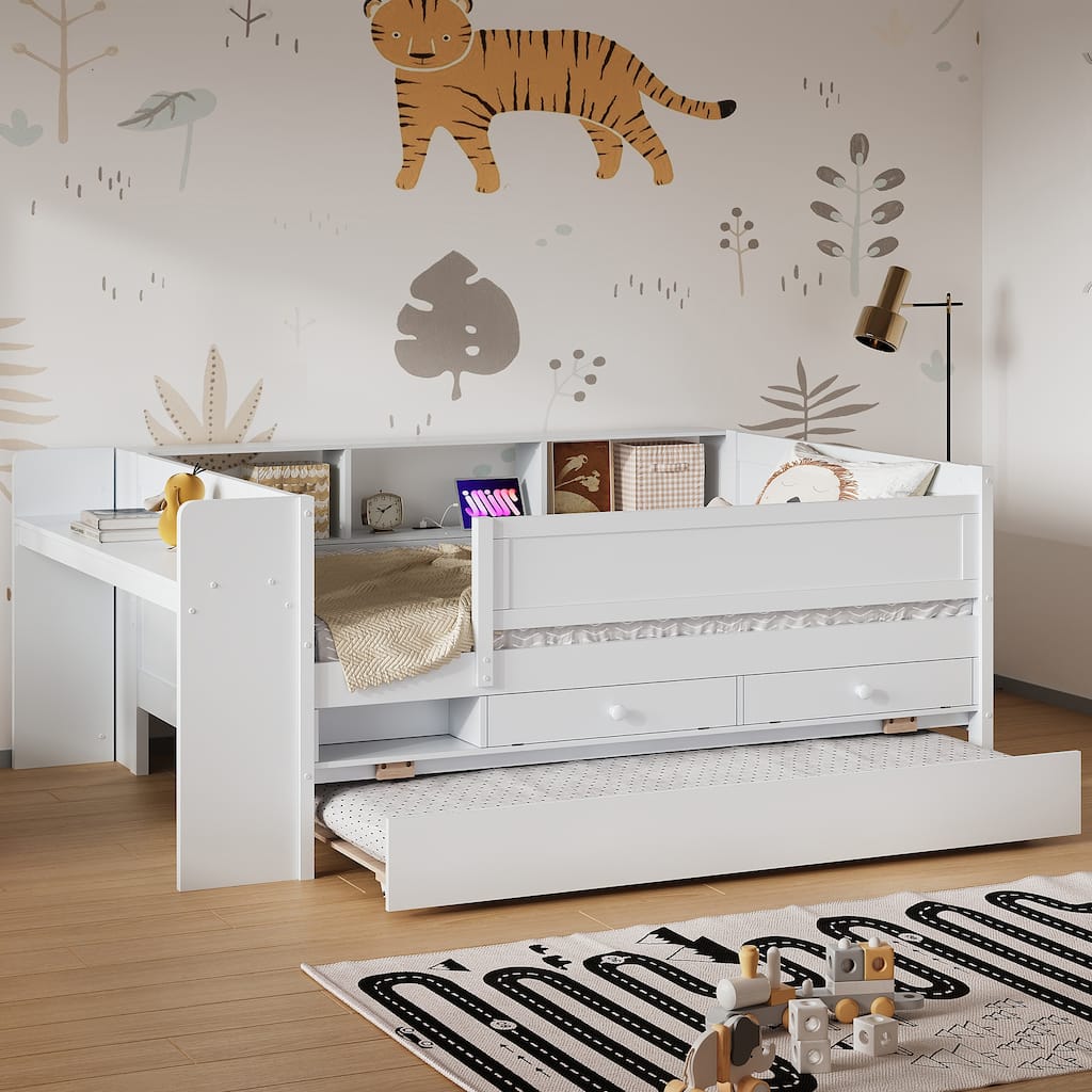 Multi-Functional Twin Daybed with Storage, Trundle, Desk, and USB Charging Station, White