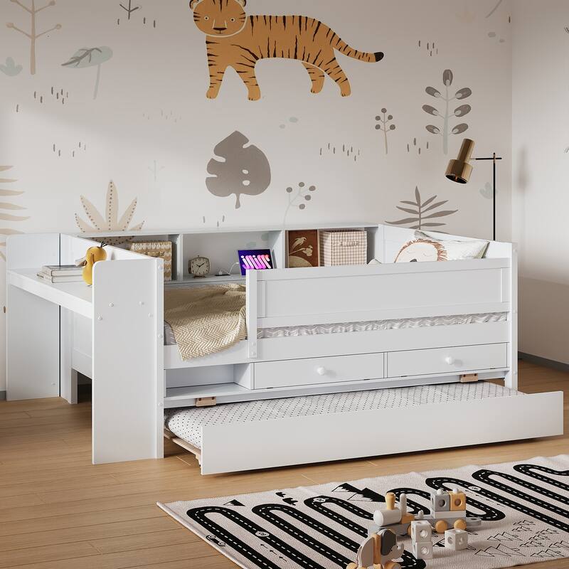 Twin Daybed with Trundle, Headboard Storage, Desk, Drawers, and USB Charging Station, Sturdy Wood Frame, No Box Spring Needed - White