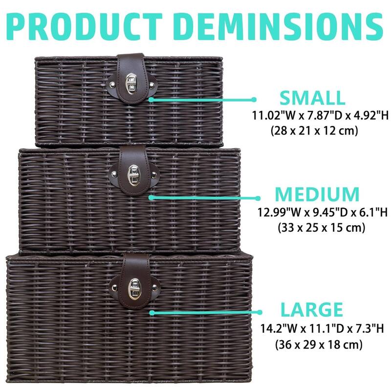 Set of 3 Woven Storage Basket Box Wicker Hamper Stackable Bin with Lid & Lock - 14.17"W x 11.02"D x 7.28"H