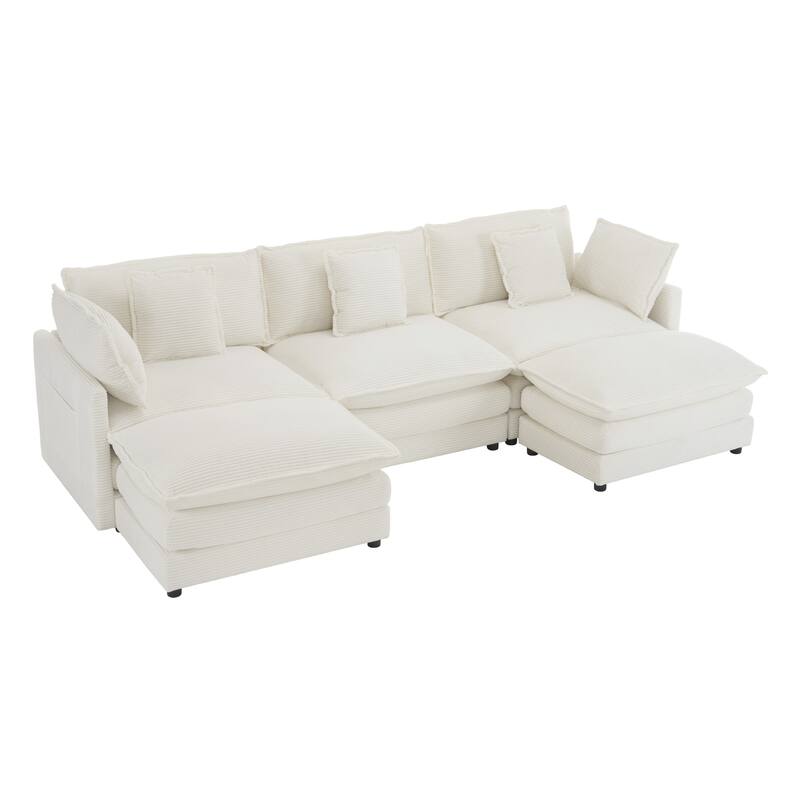 112.6" Corduroy Modular Sectional Sofa with Ottoman and Storage Pockets