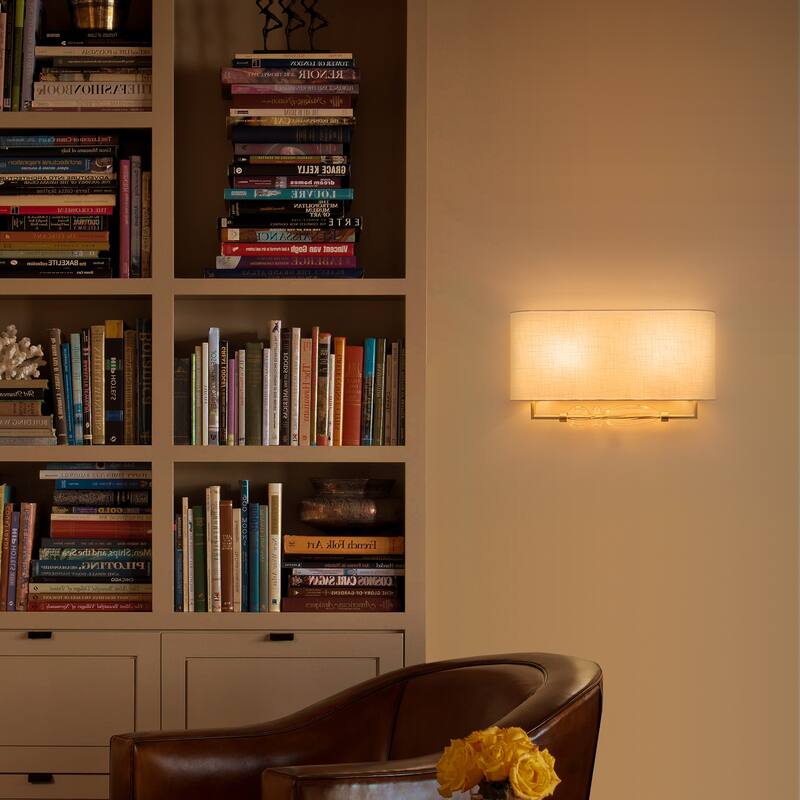 2-Light Wall Sconce Half-Open Linen Shade Striped Glass Globe Accent