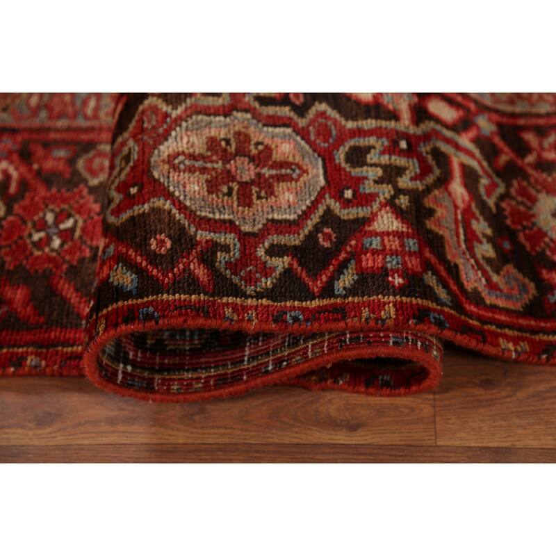 Red Geometric Heriz Persian Vintage Area Rug Hand-Knotted Wool Carpet - 9'4"x 13'5"