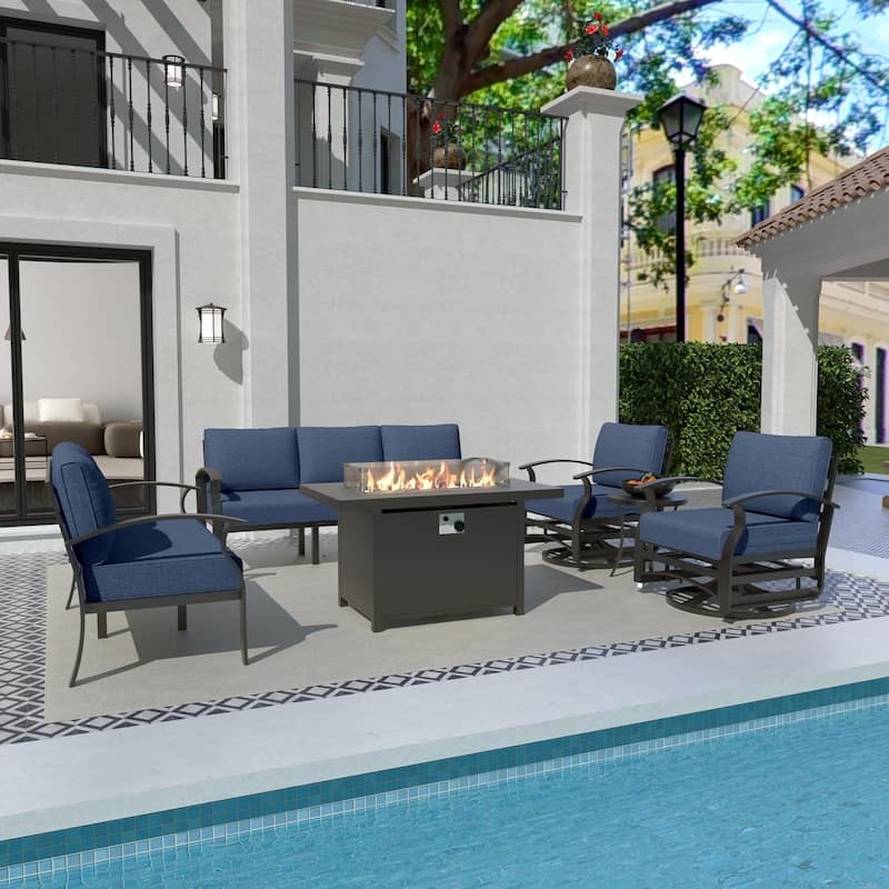 Aluminum Patio Furniture Set with FirePit Ottomans Swivel Chairs,Sectional Sofa with Thick Seat Cushions for Porch Garden