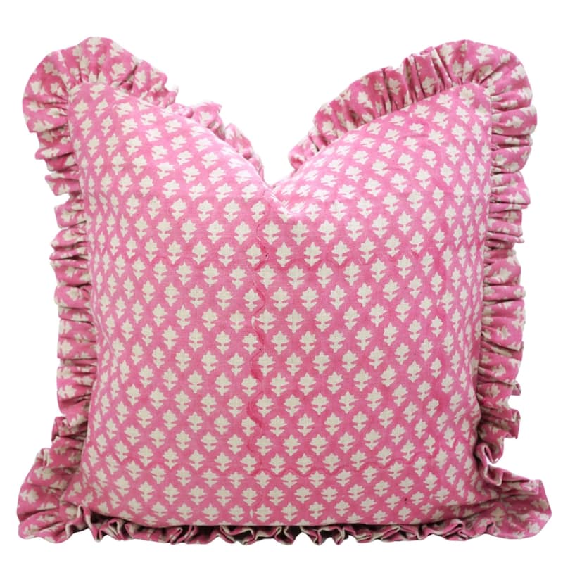 Fabdivine Handmade Block Print Floral Frill Both Side Soft Boho Pure Linen Pillow Cover - Pink City- Light Pink - 24" x 24" - Cover Only