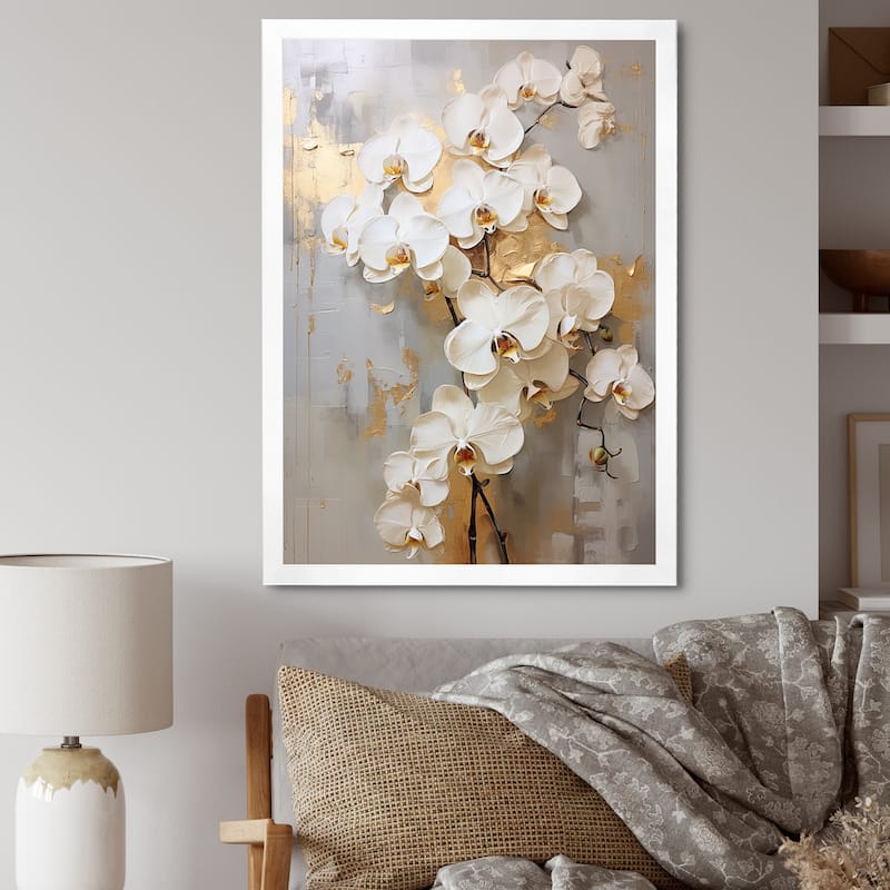 Designart "Minimalism Beige And Gold Orchids IV" Orchids Framed Canvas Art Print - 24 in. wide x 32 in. high - White