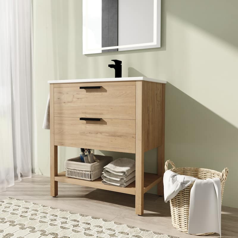 Malwee 30" FreeStanding Bathroom Vanity, Floor Stand Bathroom Vanity with Ceramic Sink,2 Soft Close Drawers - 30"×18.3"×33.5" - Colored - Brown