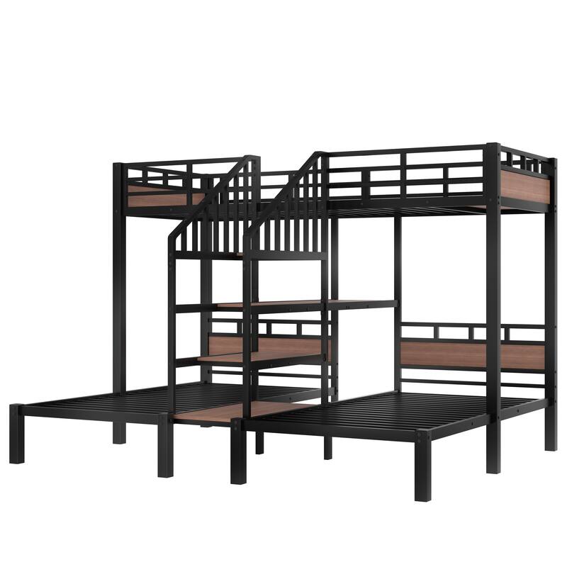 Roomfitters Twin/Queen Metal Triple Bunk Bed with Storage Shelves & Stairs, Space-Saving Heavy-Duty Frame, Black