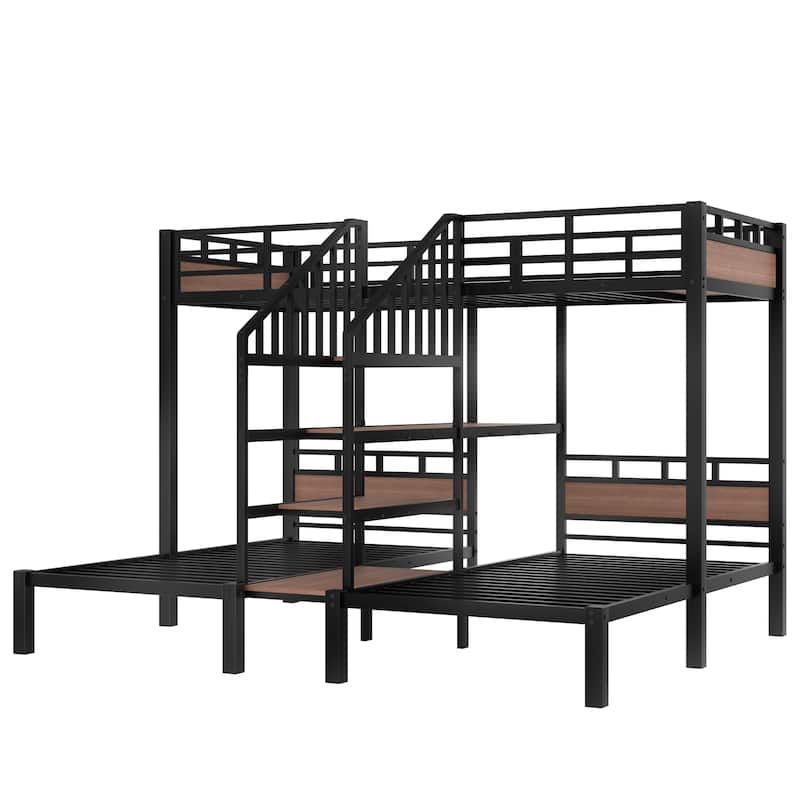 Twin Over Twin Over Twin Metal Triple Bunk Bed Frame with Storage Shelf, Stairs and Guardrails for Multi Children, Black