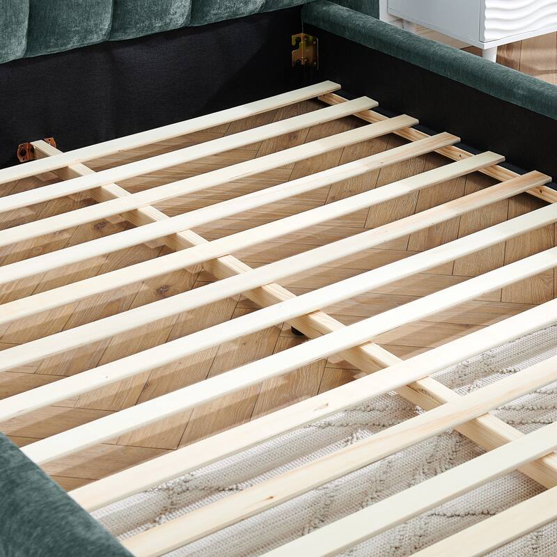 Roomfitters Queen Upholstered Chenille Fabric Low Platform Bed with Rounded Headboard, Solid Frame