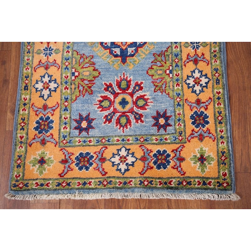Blue Geometric Kazak Accent Rug Handmade Traditional Wool Carpet - 2'0" x 2'11"