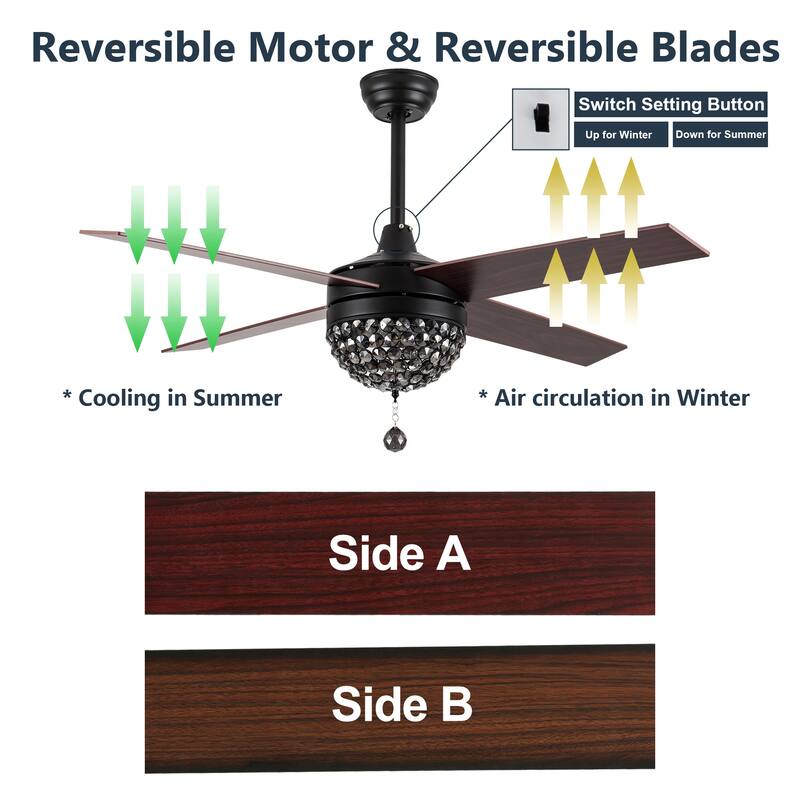 Bella Depot 52" Modern Crystal Ceiling Fan with LED Light, Reversible Ceiling Fan with Remote Control