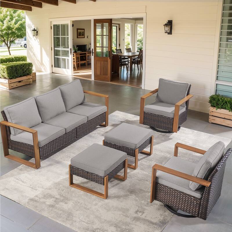 Outdoor Swivel Chair with Thick Cushion - Brwon Wicker Grey Cushion - 5PCS Sofa Swivel Chair Ottoman