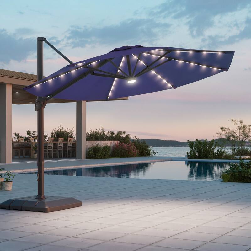LIVOOSUN 11Ft LED Patio Hanging Octagon Cantilever Umbrella with 360-degree Rotating Canopy - Navy Blue