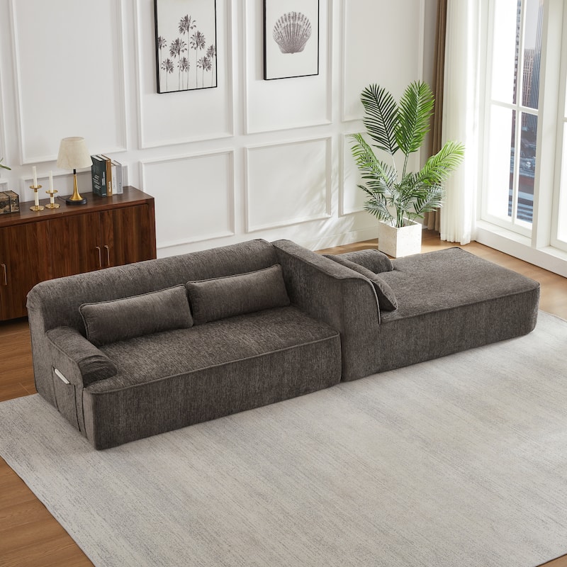Floor Standing Chenille L-shape Chaise Sectional Sofa with Side Pocket
