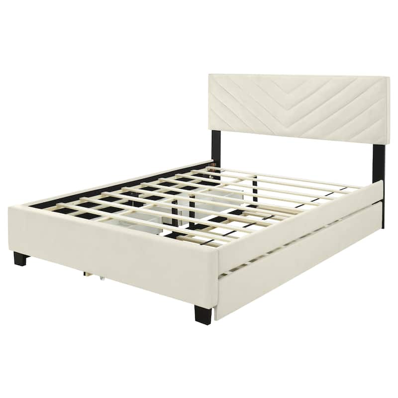 HomeRoots Beige Tufted Upholstered Queen Bed Frame With Trundle And Drawers
