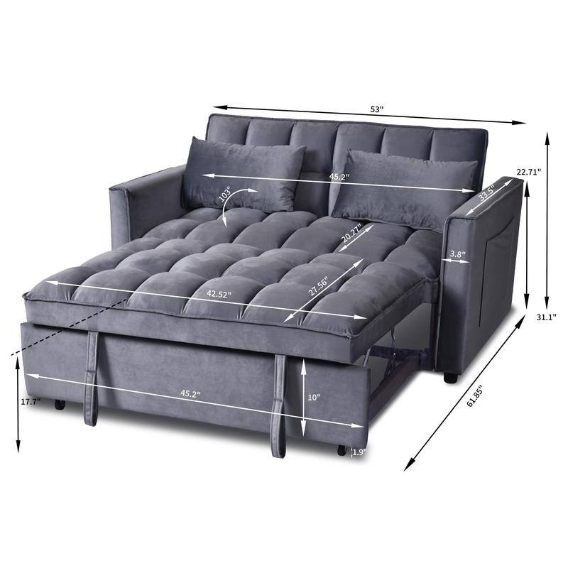 Grey 3-in-1 Velvet Convertible Sofa Bed, Pullout Couch with Side Pockets, Made in Vietnam