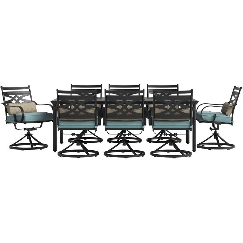 Hanover Montclair 9-Piece Dining Set in Ocean Blue with 8 Swivel Rockers and a 42-In. x 84-In. Table