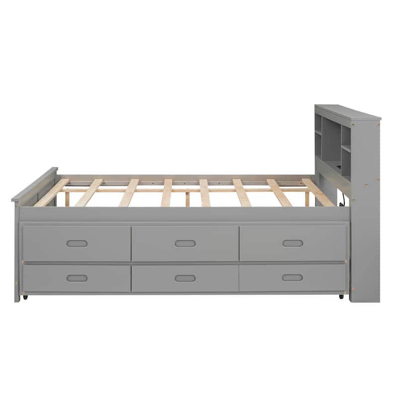 Twin & Full Size Platform Bed with Storage Headboard, USB, Twin Size Trundle and 3 Drawers