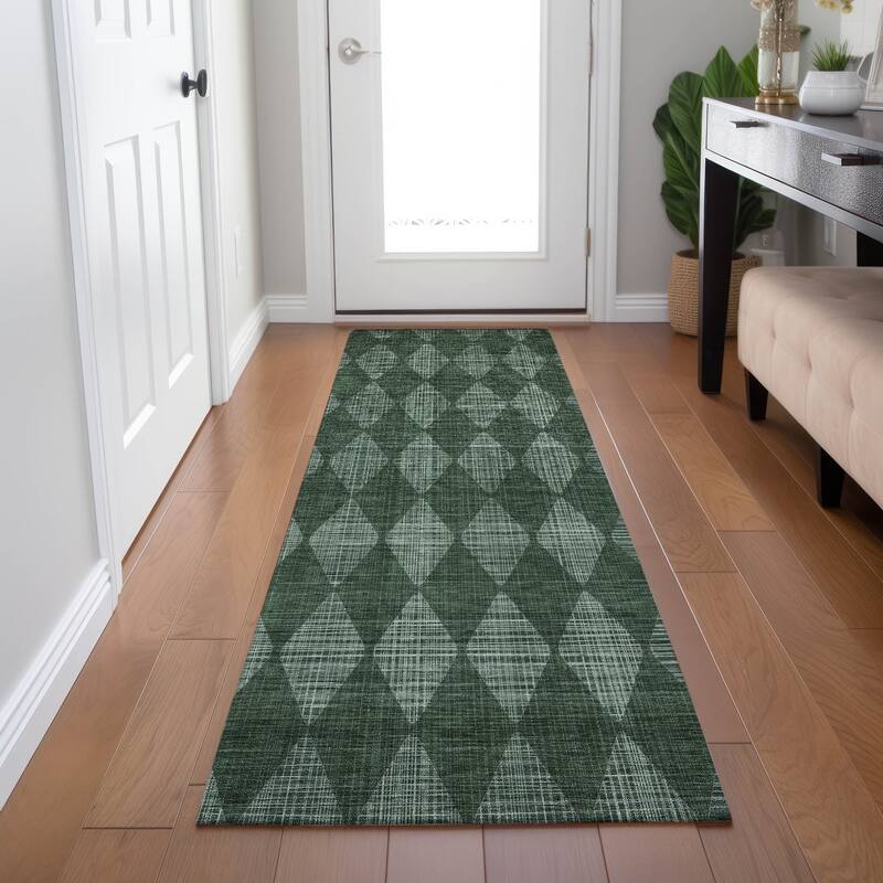 Machine Washable Indoor/ Outdoor Chantille Diamond Argyle Rug - Olive - 2'3" x 7'6"