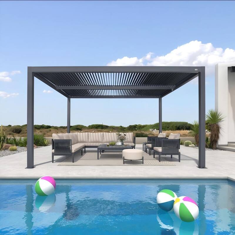 PURPLE LEAF Gray Louvered Pergola Outdoor Aluminum Pergola with Adjustable Roof for Patio Grey Hardtop Gazebo - 12' x 14' - Grey