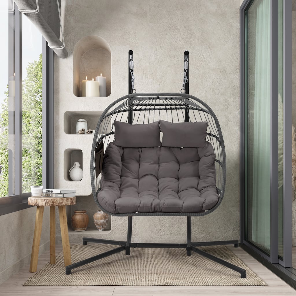 EROMMY Hanging Egg Chair with Stand, Foldable Indoor/Outdoor Swing Chair includes Cushion and Pillow, Patio Wicker Swing