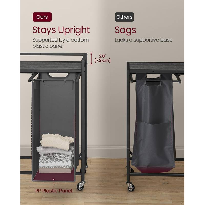 2-Compartment Laundry Hamper with Wheels and Top Organizer Shelf Removable Bags for Clothes and Towels