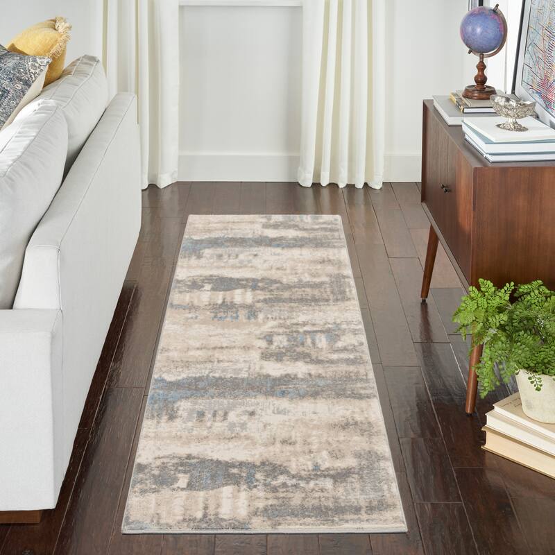 Nourison Solace Contemporary Distressed Abstract Area Rug - 2'3" x 7'3" - Ivory/Grey/Blue - Runner/Rectangle