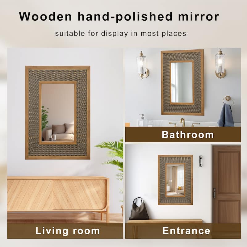 Rustic Farmhouse Wall Mirror, Natural Wood Decorative Vanity Mirror for Bedroom, Living Room, Bathroom, Entryway