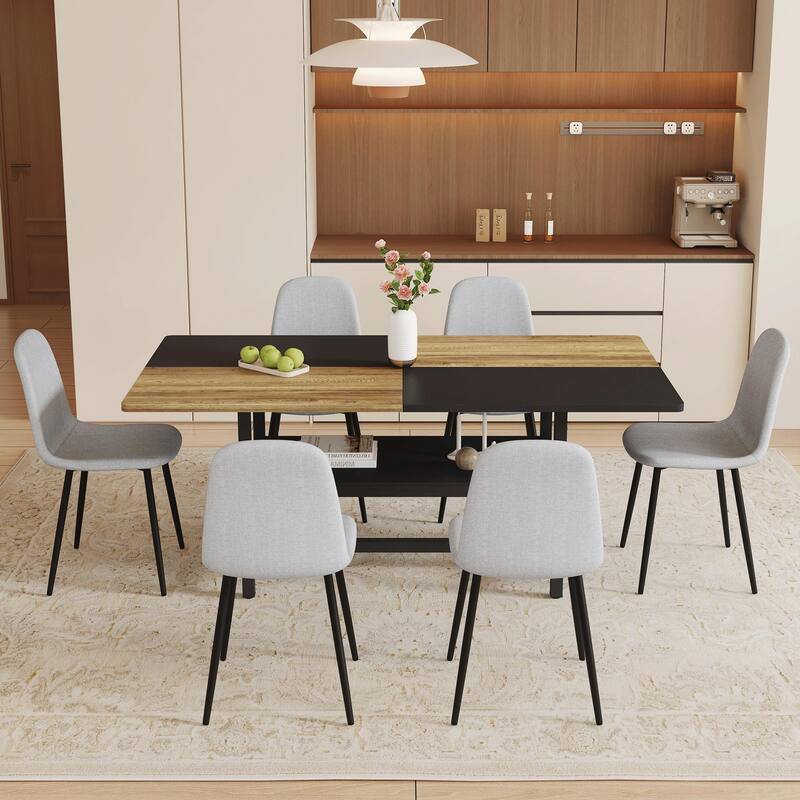 Roomfitters 7/9pcs Wood and Black Spliced Dining Table Set with Center Storage and Linen Upholstered Chairs, Light Gray