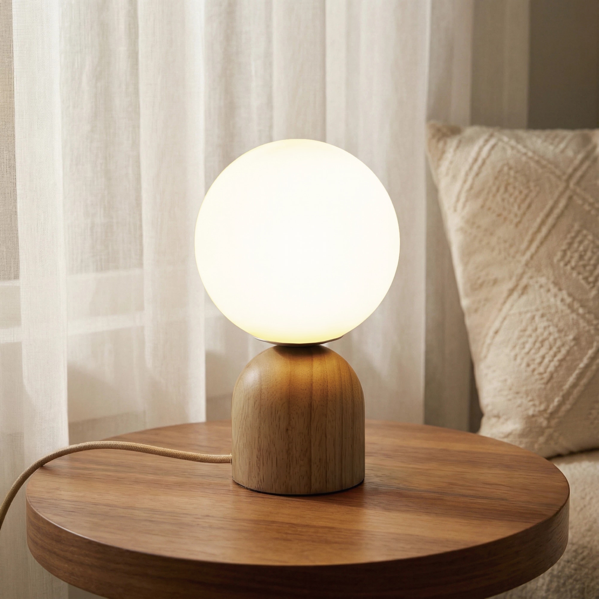 9.8" Solid Wood Table Lamp with Opal Glass Globe Shade, Stepless Dimmable Bedside Lamp, UL Listed (E12 Base, Bulb Not Included)
