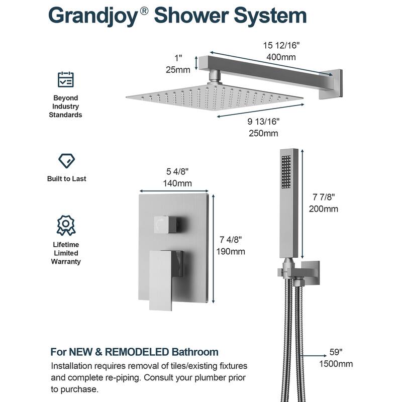 GRANDJOY 10" Rainfall Shower System with 2-Handle Waterfall Bathroom Sink Faucet Combo Set