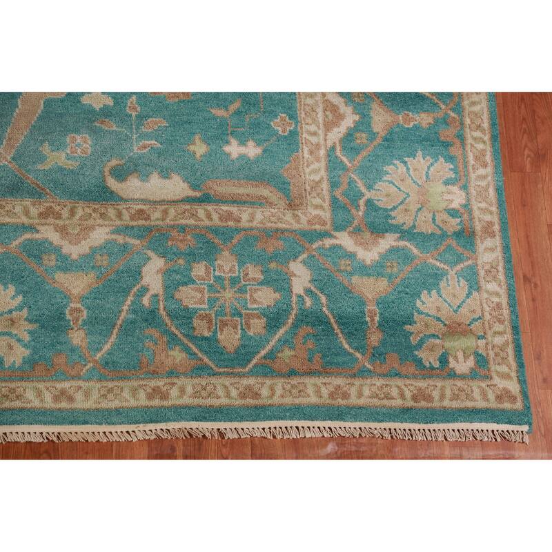 All-Over Green Oushak Indian Area Rug Floral Handmade Wool Carpet - 9'1" x 11'9"