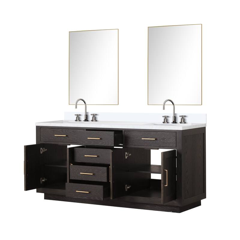 Abbey 60 in W x 22 in D Black Oak Double Bath Vanity, Cultured Marble Top, Faucet Set, and 28 in Mirrors