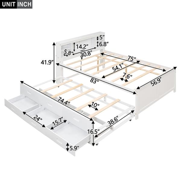 dimension image slide 1 of 2, Full Platform Bed with Storage Headboard, USB, Twin Size Trundle and 3-Drawers, White