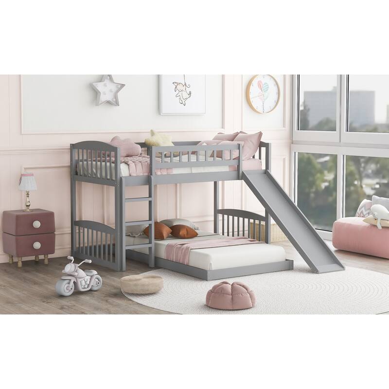 Twin Over Twin Solid Wood Bunk Bed with Slide and Ladder, Gray Pine Wood and MDF Frame Bed