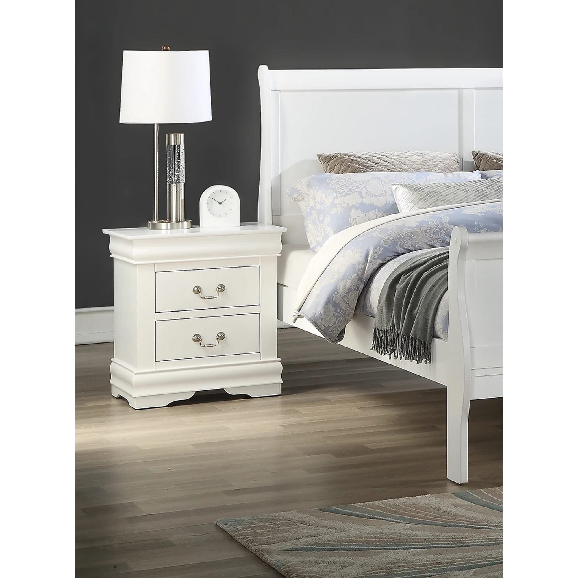White Two-Drawer Solid Wood Nightstand with Nickel Finish