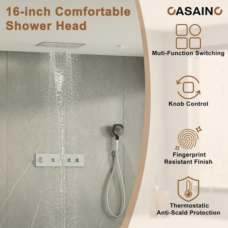 Luxury Thermostatic Shower System 3-Spray Patterns Ceiling Mount Fixed Rain Waterfall Shower Head and Handheld Spray Combo