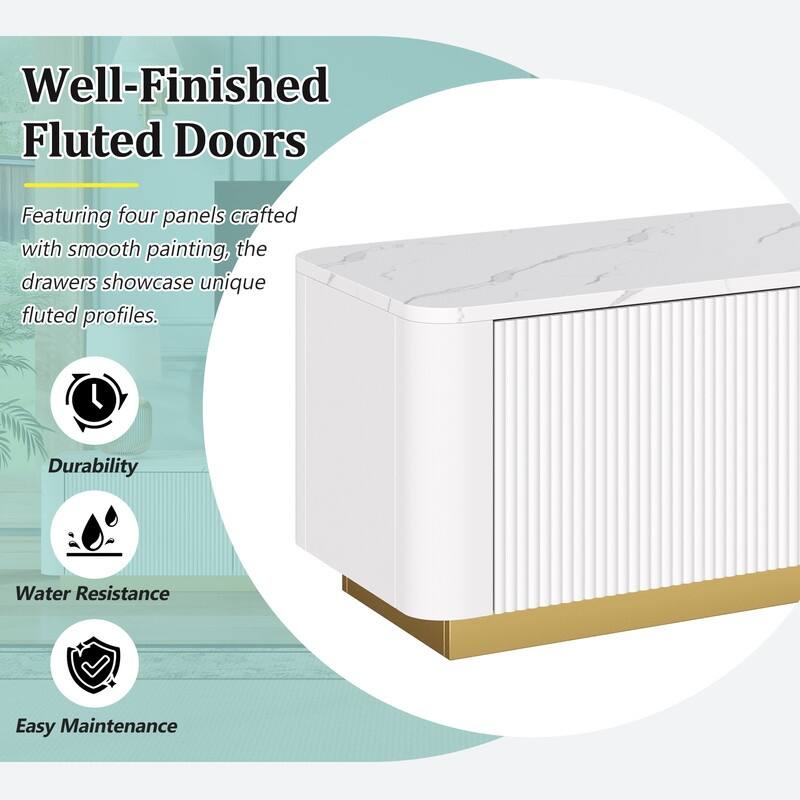 Luxury Fluted TV Stand for 85" TVs - Faux Marble Console with Gold Base & Curved Design