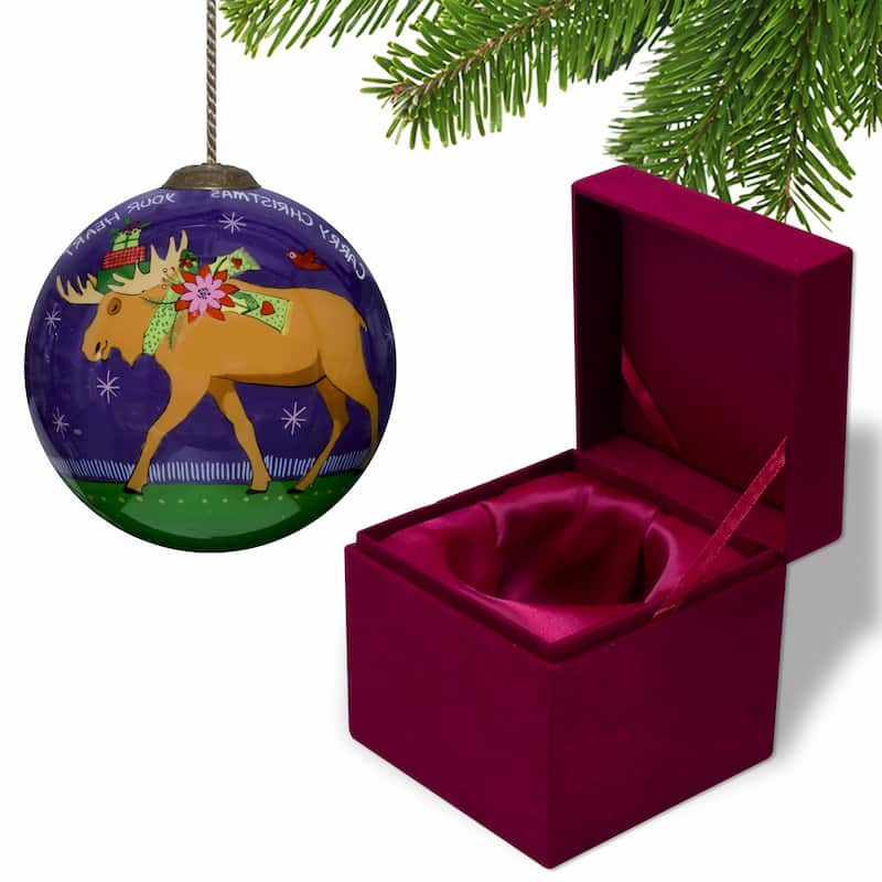 Christmas Moose Walking Hand Painted Mouth Blown Glass Ornament - 3"x 3" x 3"