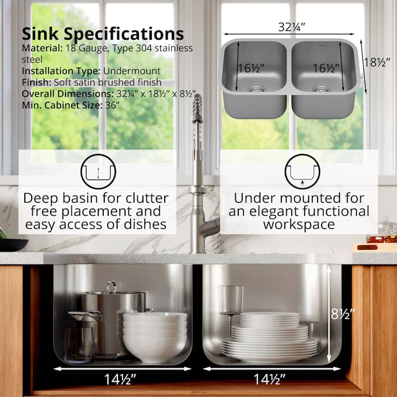 Karran USA PU21-PK1 Profile 32-1/4" Undermount Double Basin Stainless