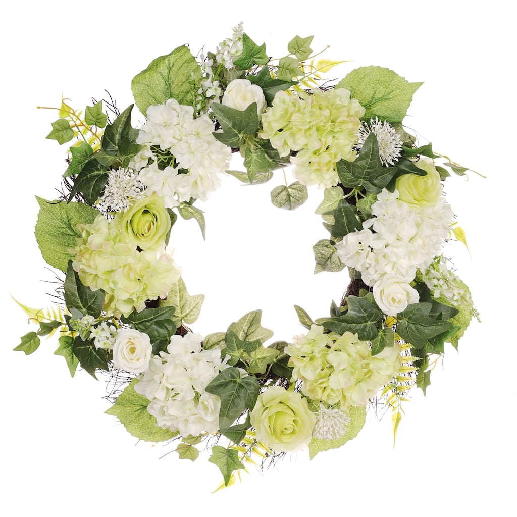 Hydrangea and Rose Floral Artificial Spring Wreath, 24-Inch, Unlit