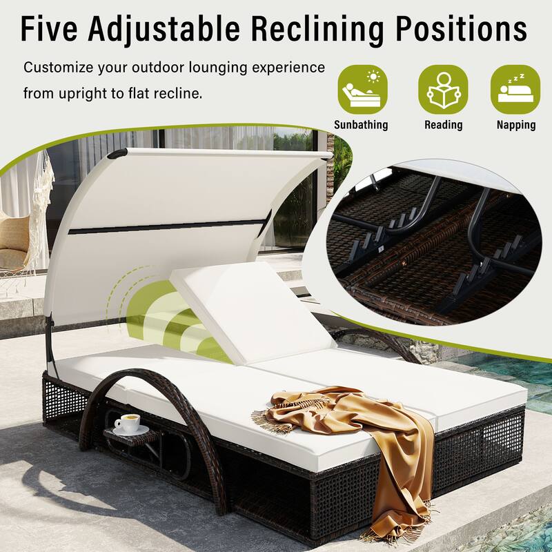 Outdoor Steel Frame Sun Lounger with Adjustable Backrest,Patio Double Sunbed with Hidden Side Table and Arched Armrests