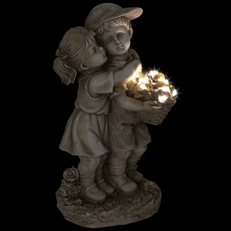 Solar Lighted Hugging Girl and Boy Outdoor Garden Statue - 16"